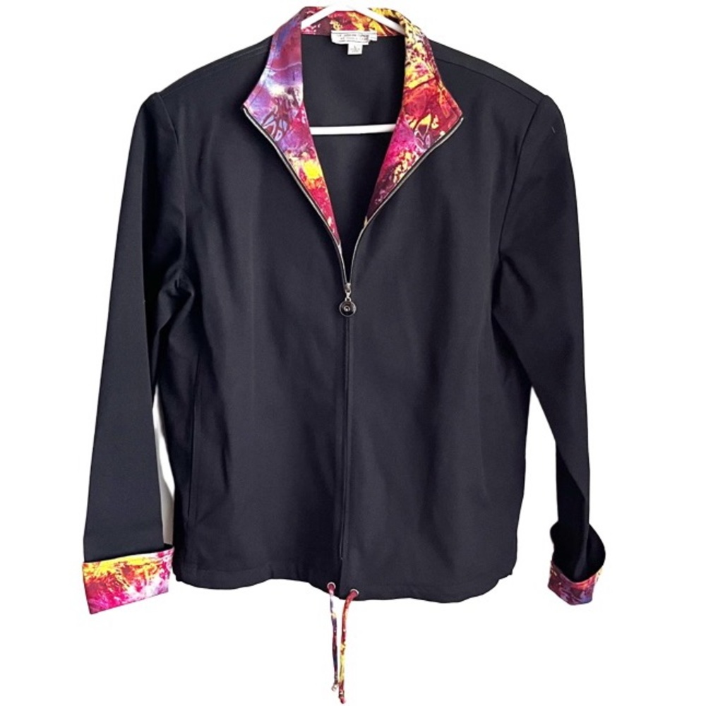 Nic+Zoe Black Zip-Front Jacket with Pink Multi-Color Trim